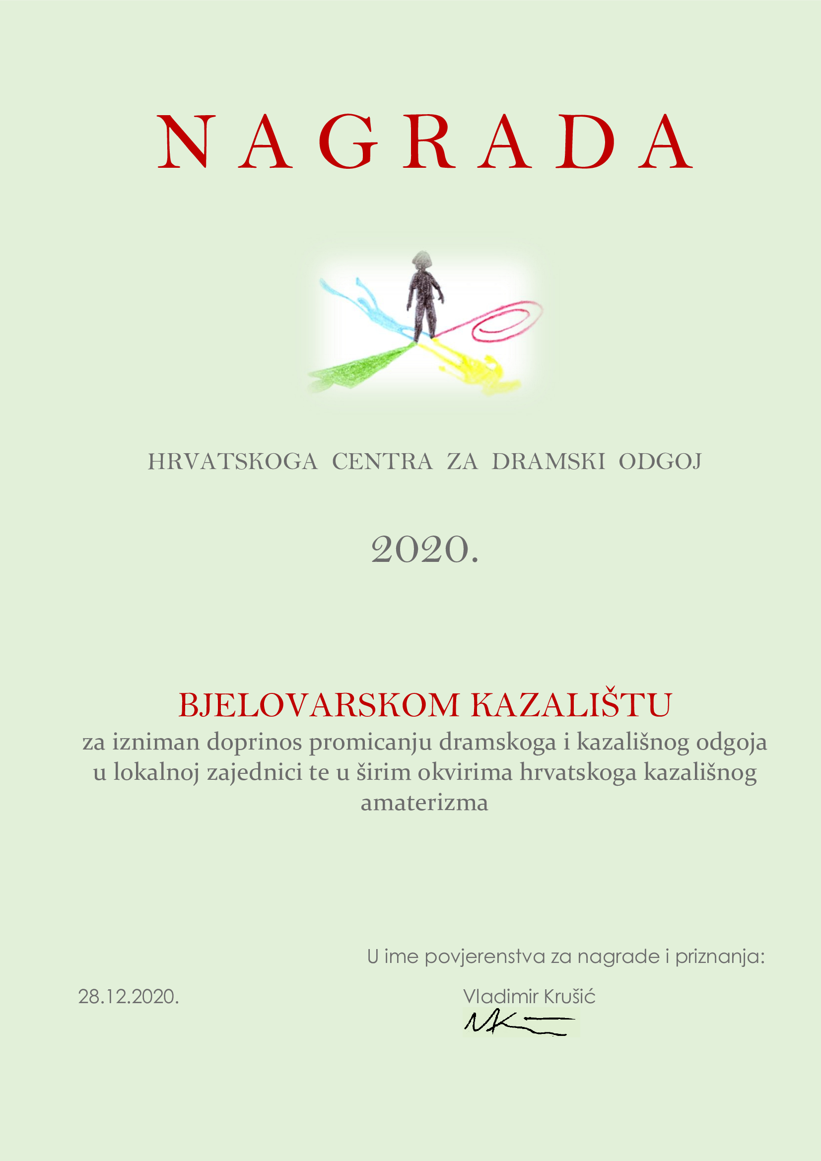 Pročitajte više o članku Povjerenstvo za nagrade i priznanja HCDO-a dodjeljuje Bjelovarskom kazalištu Nagradu za izniman doprinos promicanju dramskoga i kazališnog odgoja u lokalnoj zajednici te u širim okvirima hrvatskoga kazališnog amaterizma